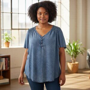 Jane & Delancey Women Chambray Flutter Short Sleeve Blouse Lyocell V-neck 1X